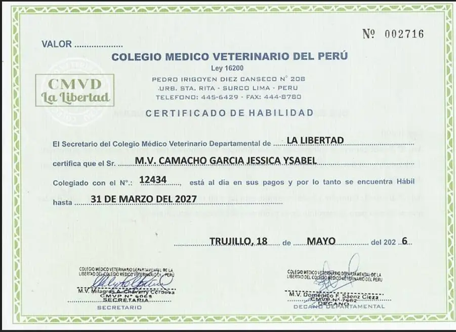 Certificado de Habilidad N° 602716 — Dra. Jessica Ysabel Camacho García, M.V. CMVP 12434, emitido por el Colegio Médico Veterinario del Perú, válido hasta 31 de marzo de 2027