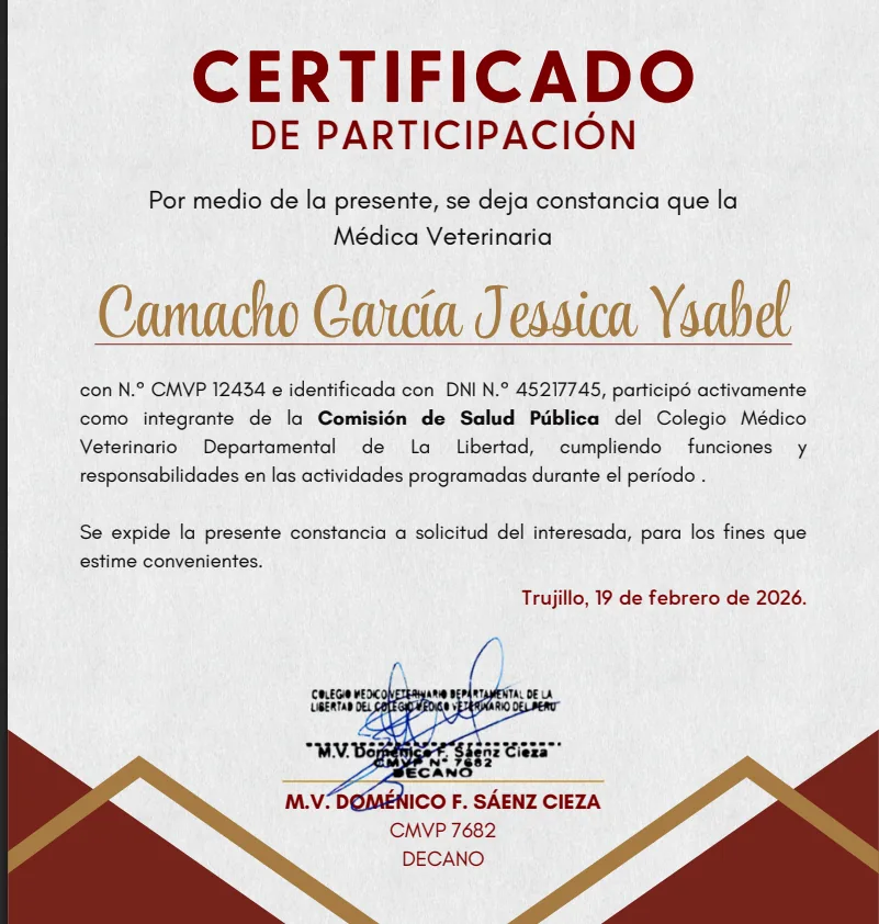 Certificado de Participación — Dra. Jessica Ysabel Camacho García, CMVP 12434, Comisión de Salud Pública, CMVD La Libertad, febrero 2026